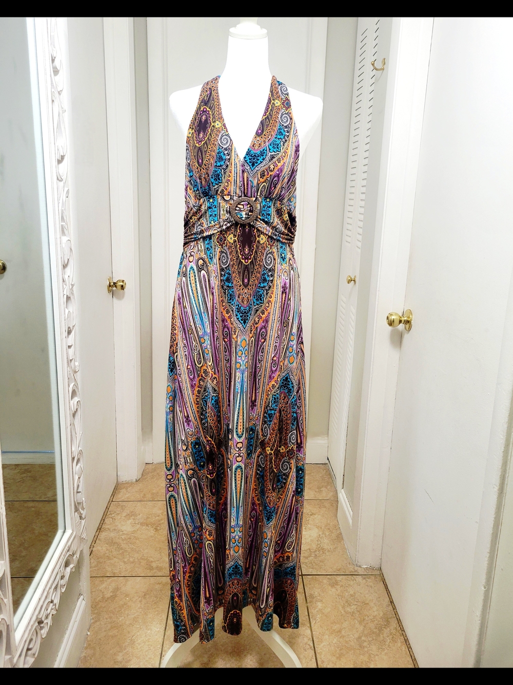 Dots Multicolor Paisley Halter Maxi Dress with Embellished Waist